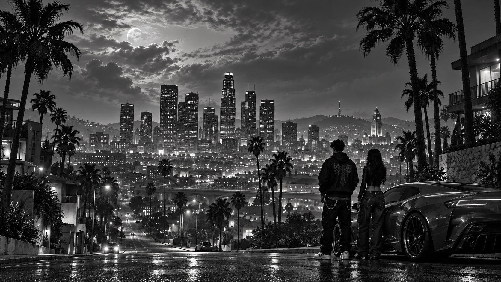 Monochrome city artwork: two people and a sports car overlooking a palm-lined Los Santos-inspired skyline.